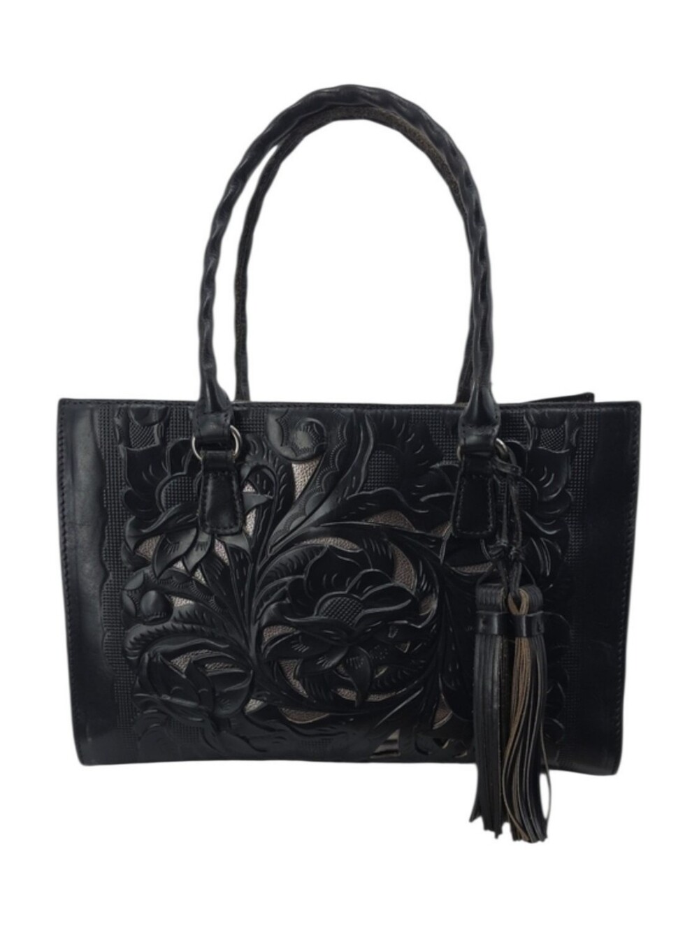 Patricia Nash Primrose Leather Satchel Black Tooled Floral Embossed Bag